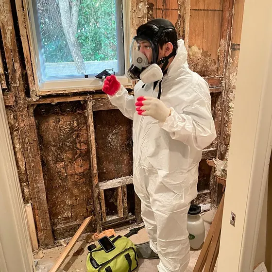 Technician inside mold containment, Central LA