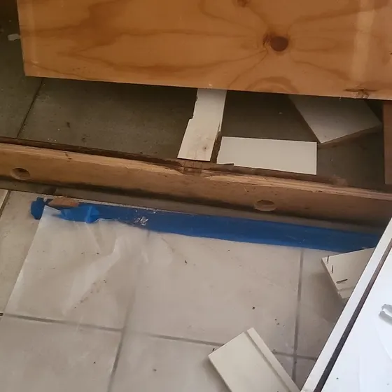 Wet subfloor under removed cabinets, Central LA