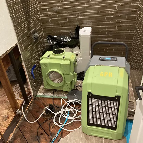 Bathroom drying with a dehumidifier and air mover, Greater Seattle