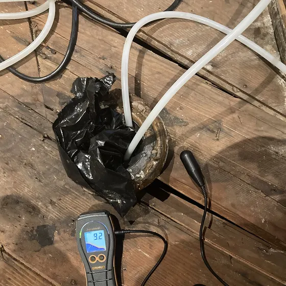Moisture meter on an exposed subfloor, Greater Seattle