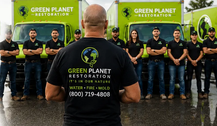 Green Planet Restoration crew and response trucks