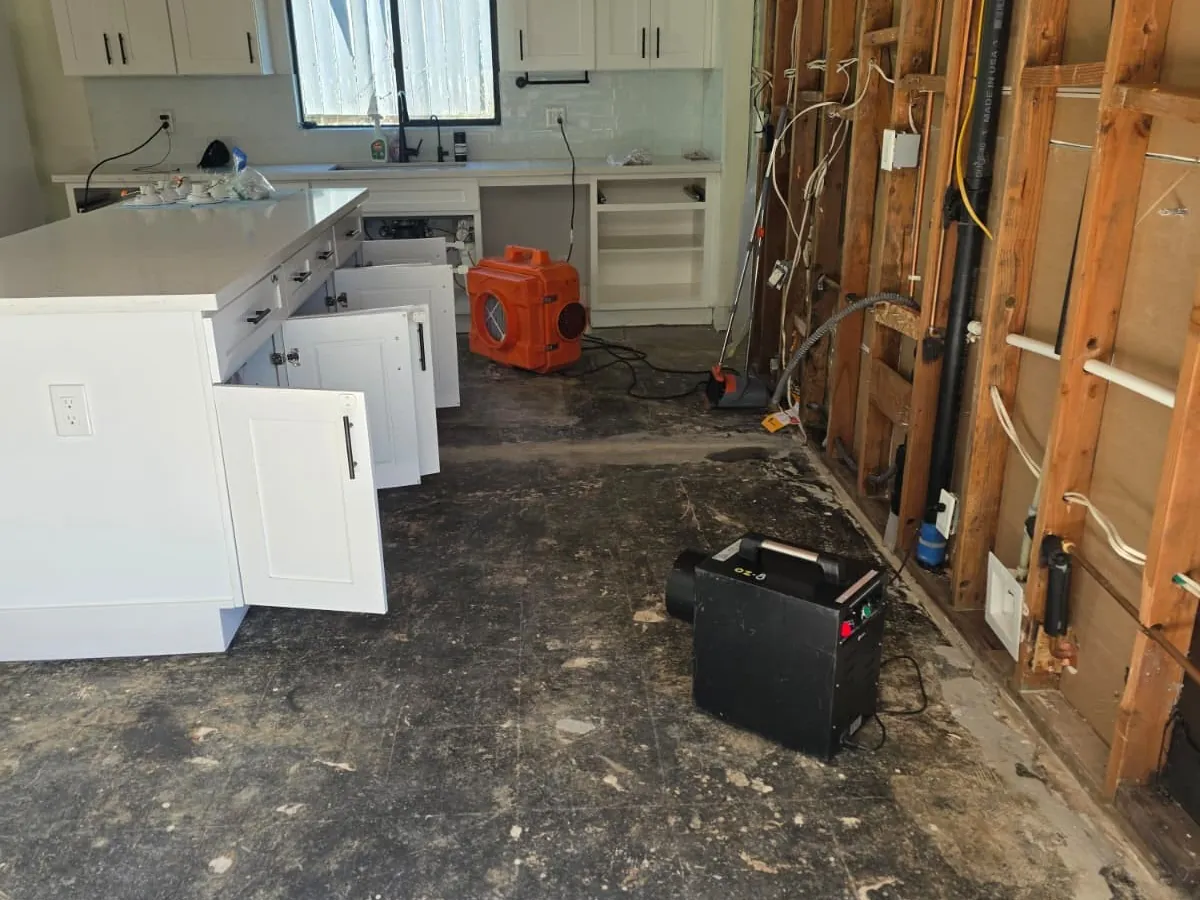 Fire-damaged room during cleanup