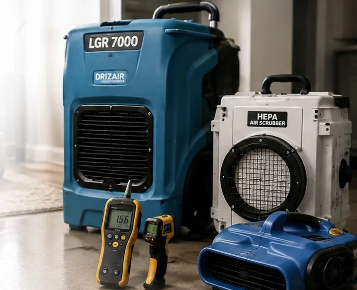 Drying equipment set up after a plumbing leak