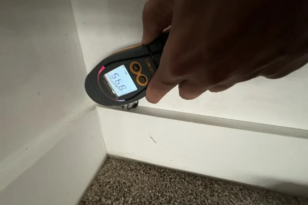 Moisture meter reading on a wet wall
