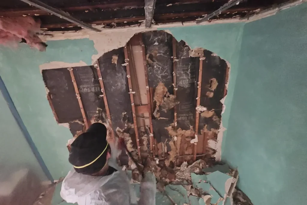 Ceiling opened up after water came through the roof