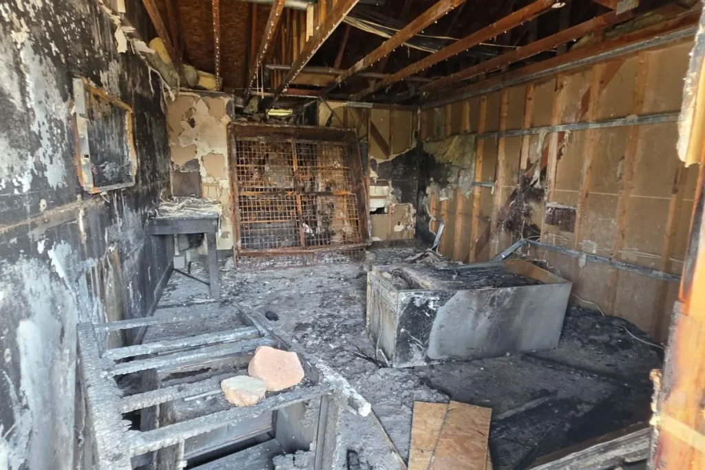 Fire-damaged kitchen before cleanup